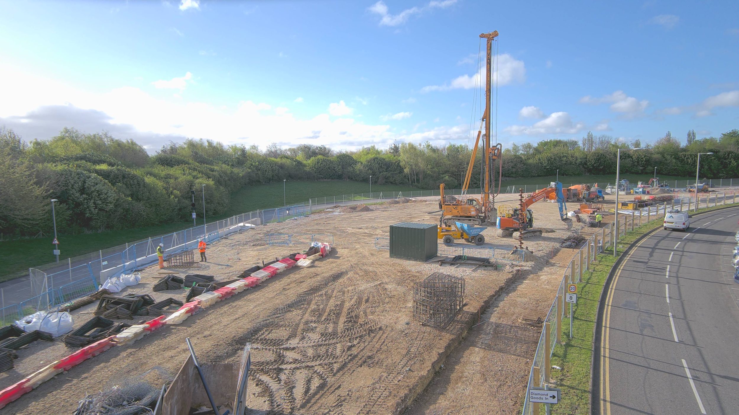 A stills image from a Lobster Pot camera showing MEWP equipment at the early stages of the Diamond Light Source construction project.